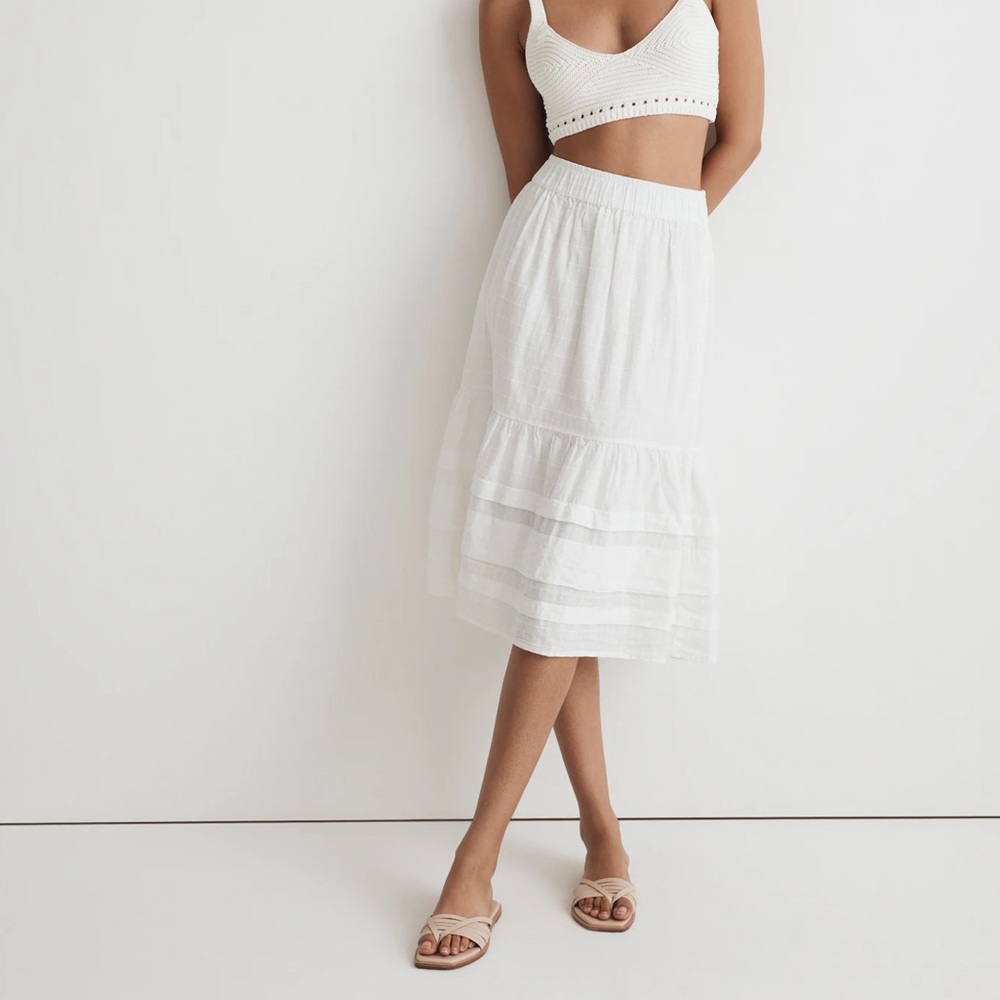 Pintuck Tiered Midi Skirt in Windowpane Pattern
